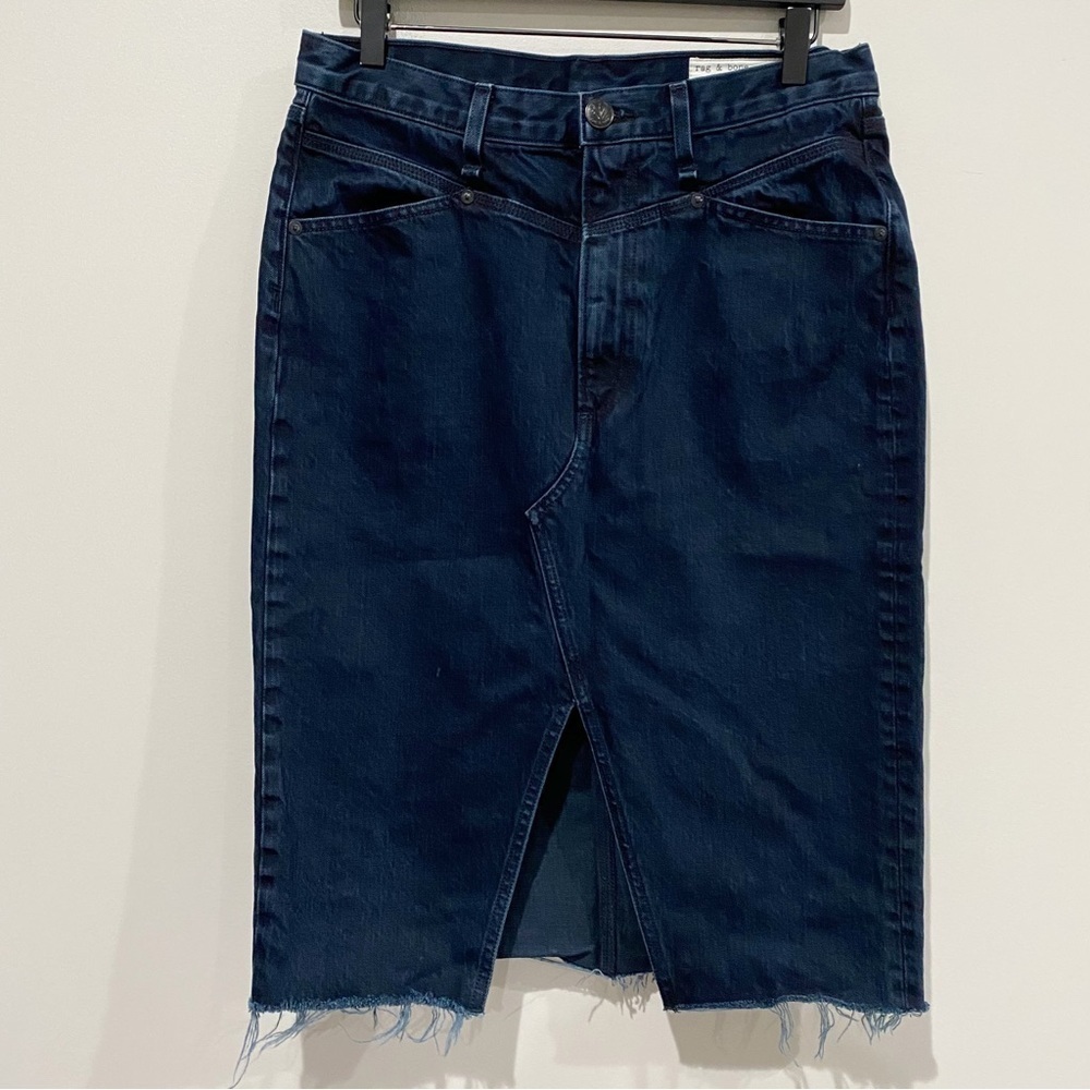 RAG & BONE Vintage High-Rise Midi Denim Skirt Raw Hem Modest Size 29